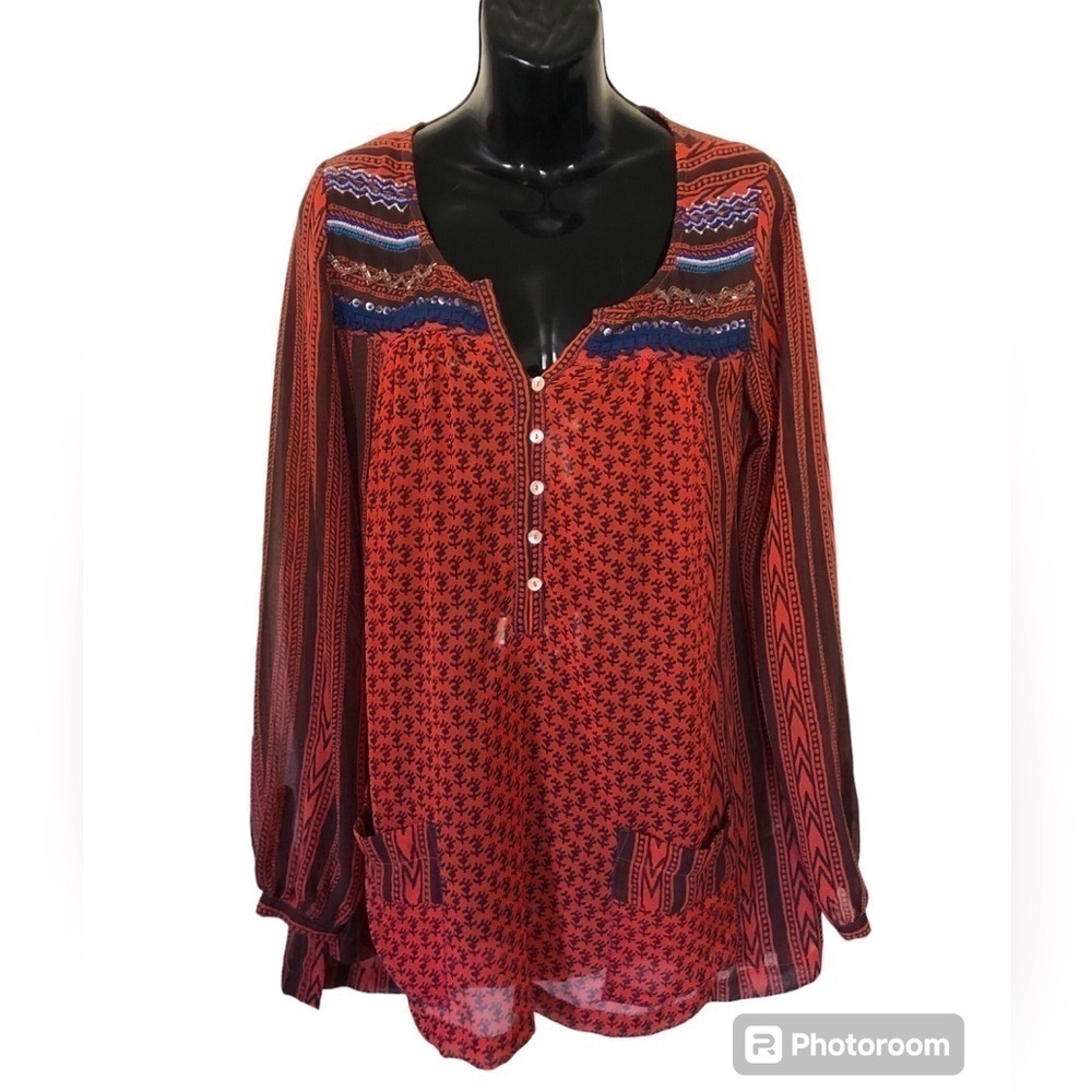 Free People XS long sleeve printed blouse beaded and sequin accents